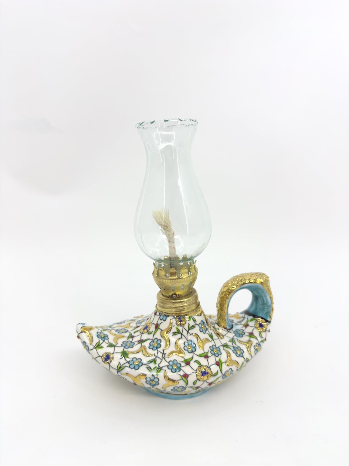 Hand-Painted Turkish Oil Lamp: Vintage Floral Ceramic Gaz Lamp