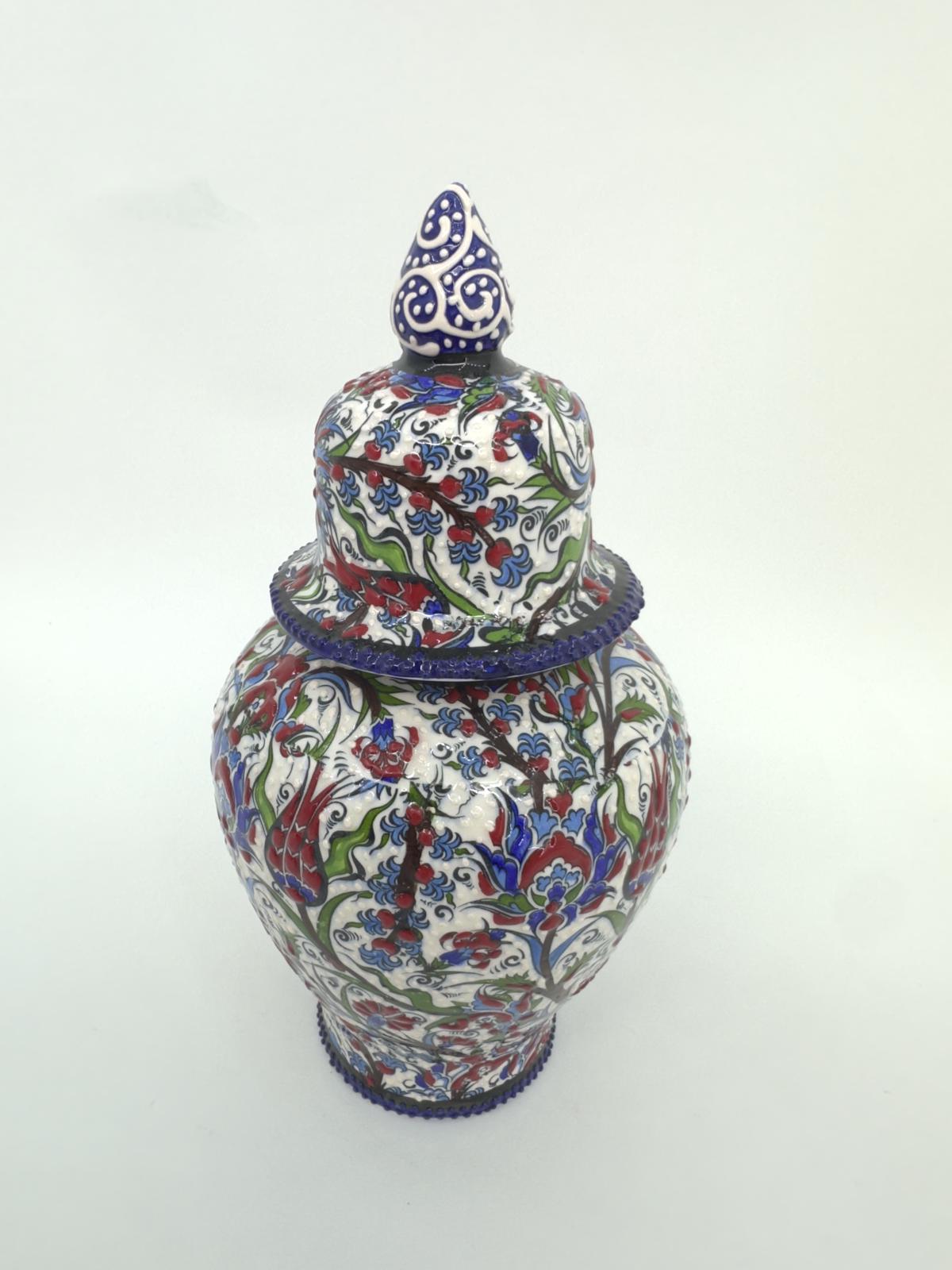 Handmade Floral Ceramic Vase with Lid: Turkish Anatolian Pottery (10")
