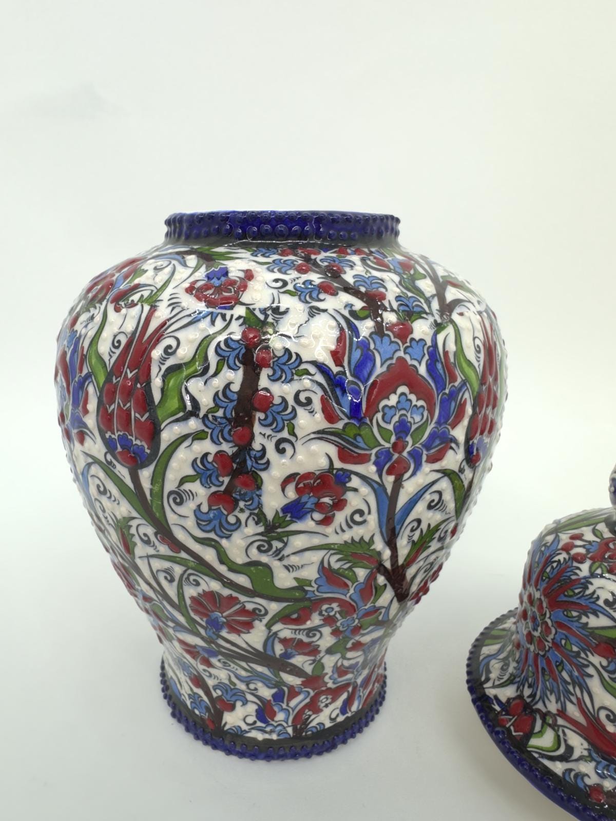 Handmade Floral Ceramic Vase with Lid: Turkish Anatolian Pottery (10")