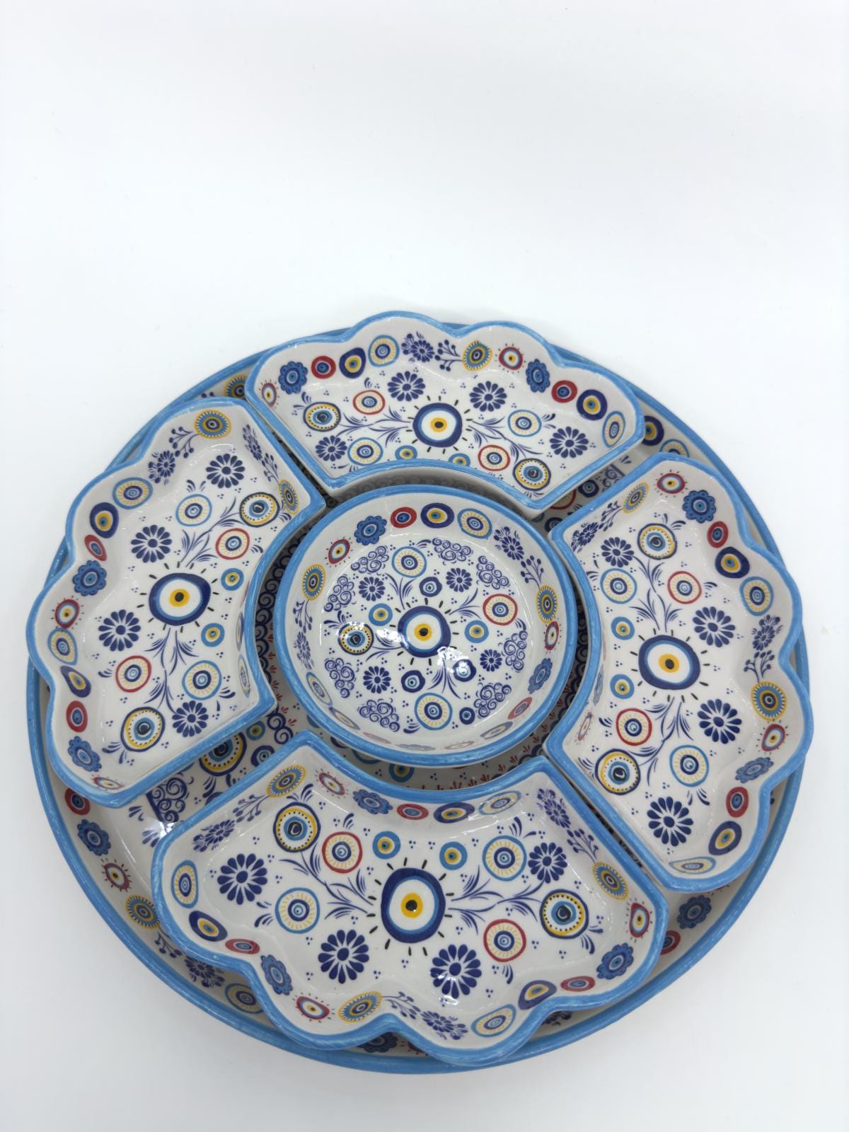 Handmade Turkish Breakfast Set | Blue Floral Ceramic Bowl & Tray Set | Traditional Serving Set | Unique Gift for Food Lovers