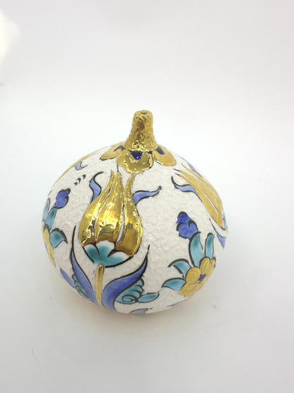 Handmade Ceramic Fig Decor – Turkish Iznik Style Ornament, Gold Accents, Unique Valentine's Day Gift for Home or Office