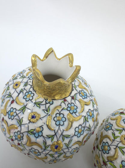 Hand-Painted Turkish Ceramic Luxury Pomegranate Set – Gold Floral Design, Unique Home Decor & Gift for Housewarming or Special Occasions