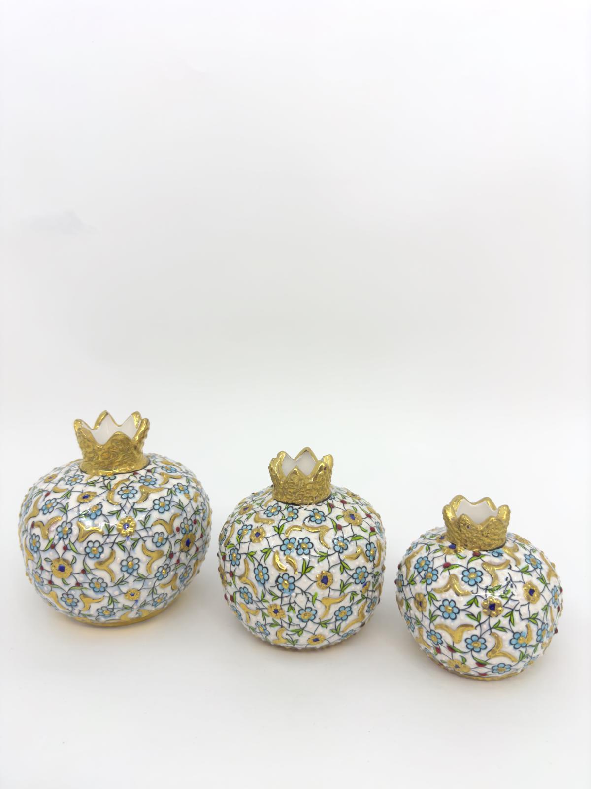 Hand-Painted Turkish Ceramic Luxury Pomegranate Set – Gold Floral Design, Unique Home Decor & Gift for Housewarming or Special Occasions