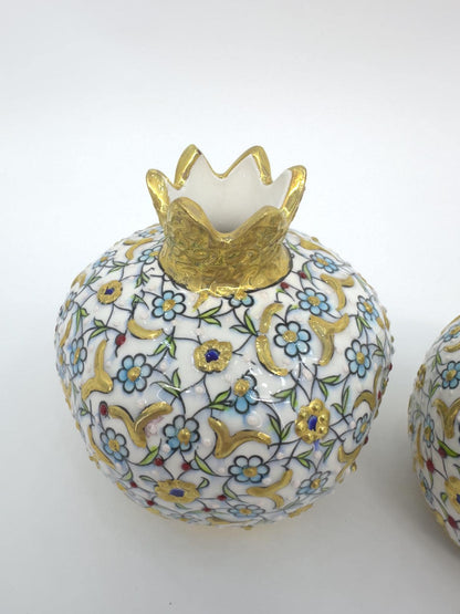 Hand-Painted Turkish Ceramic Luxury Pomegranate Set – Gold Floral Design, Unique Home Decor & Gift for Housewarming or Special Occasions