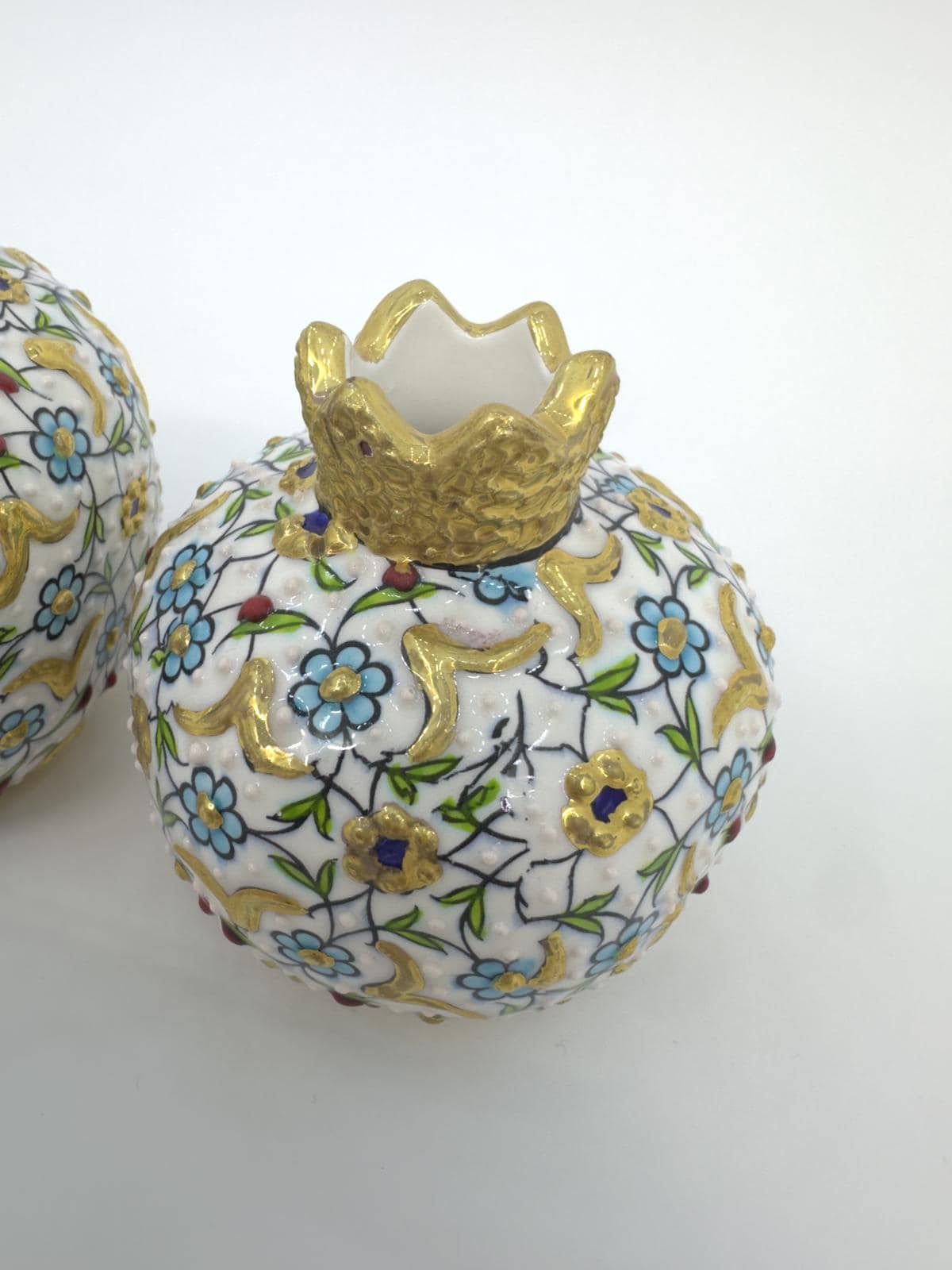 Hand-Painted Turkish Ceramic Luxury Pomegranate Set – Gold Floral Design, Unique Home Decor & Gift for Housewarming or Special Occasions