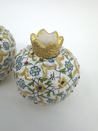 Hand-Painted Turkish Ceramic Luxury Pomegranate Set – Gold Floral Design, Unique Home Decor & Gift for Housewarming or Special Occasions