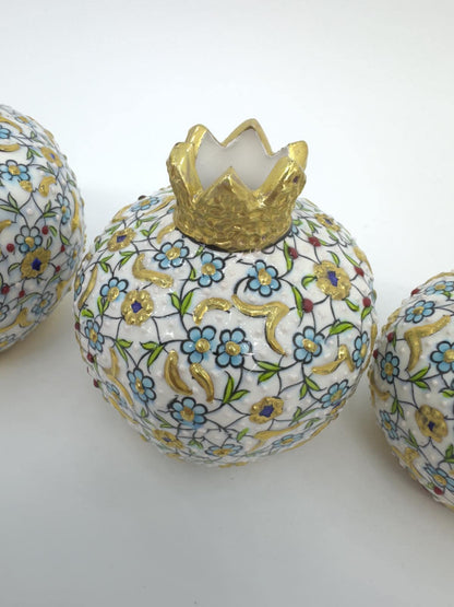Hand-Painted Turkish Ceramic Luxury Pomegranate Set – Gold Floral Design, Unique Home Decor & Gift for Housewarming or Special Occasions