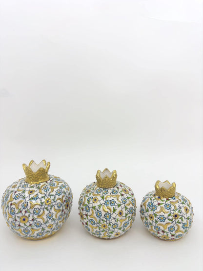 Hand-Painted Turkish Ceramic Luxury Pomegranate Set – Gold Floral Design, Unique Home Decor & Gift for Housewarming or Special Occasions