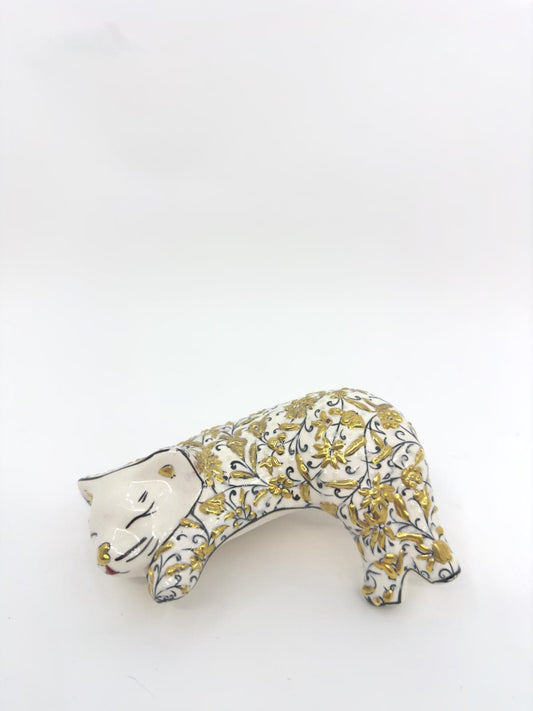 Hand-Painted Ceramic Sleeping Cat Figurine – Gold Floral Turkish Design, Unique Home Decor & Gift for Cat Lovers
