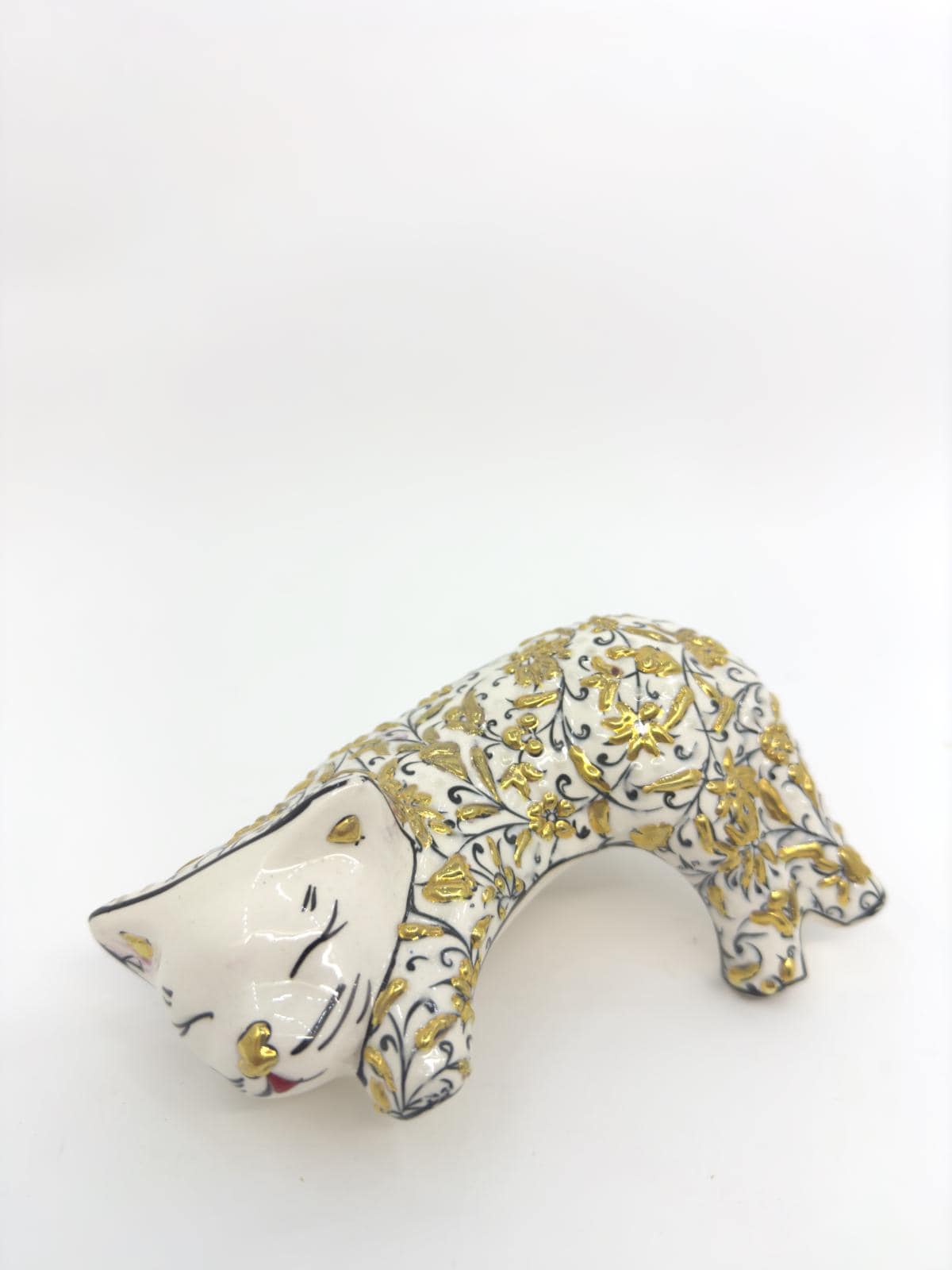 Hand-Painted Ceramic Sleeping Cat Figurine – Gold Floral Turkish Design, Unique Home Decor & Gift for Cat Lovers