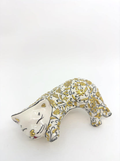 Hand-Painted Ceramic Sleeping Cat Figurine – Gold Floral Turkish Design, Unique Home Decor & Gift for Cat Lovers