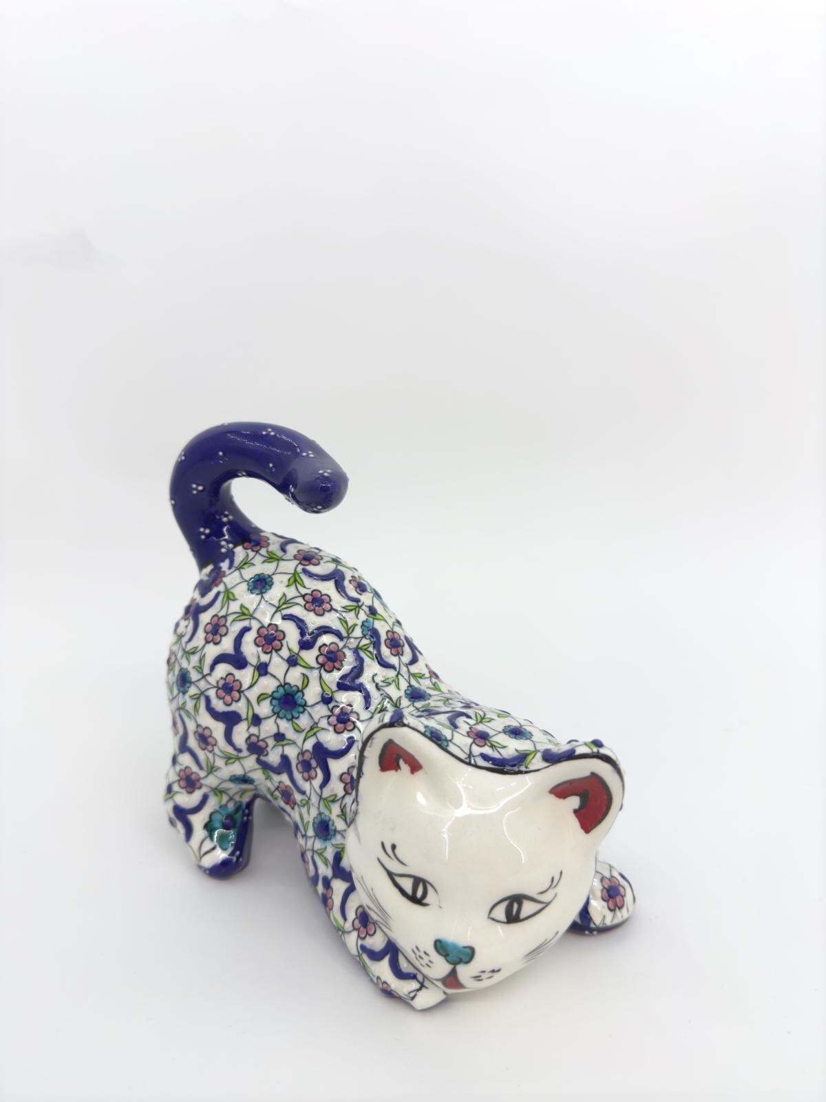 Hand-Painted Ceramic Cat Figurine – Turkish Blue Floral Ornament for Home Decor, Unique Valentine's Day Gift Idea for Cat Lovers