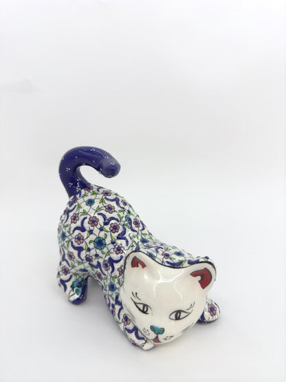 Hand-Painted Ceramic Cat Figurine – Turkish Blue Floral Ornament for Home Decor, Unique Valentine's Day Gift Idea for Cat Lovers