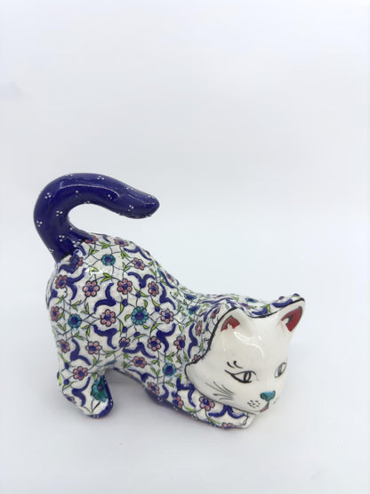 Hand-Painted Ceramic Cat Figurine – Turkish Blue Floral Ornament for Home Decor, Unique Valentine's Day Gift Idea for Cat Lovers