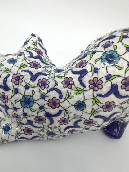 Hand-Painted Ceramic Cat Figurine – Turkish Blue Floral Ornament for Home Decor, Unique Valentine's Day Gift Idea for Cat Lovers