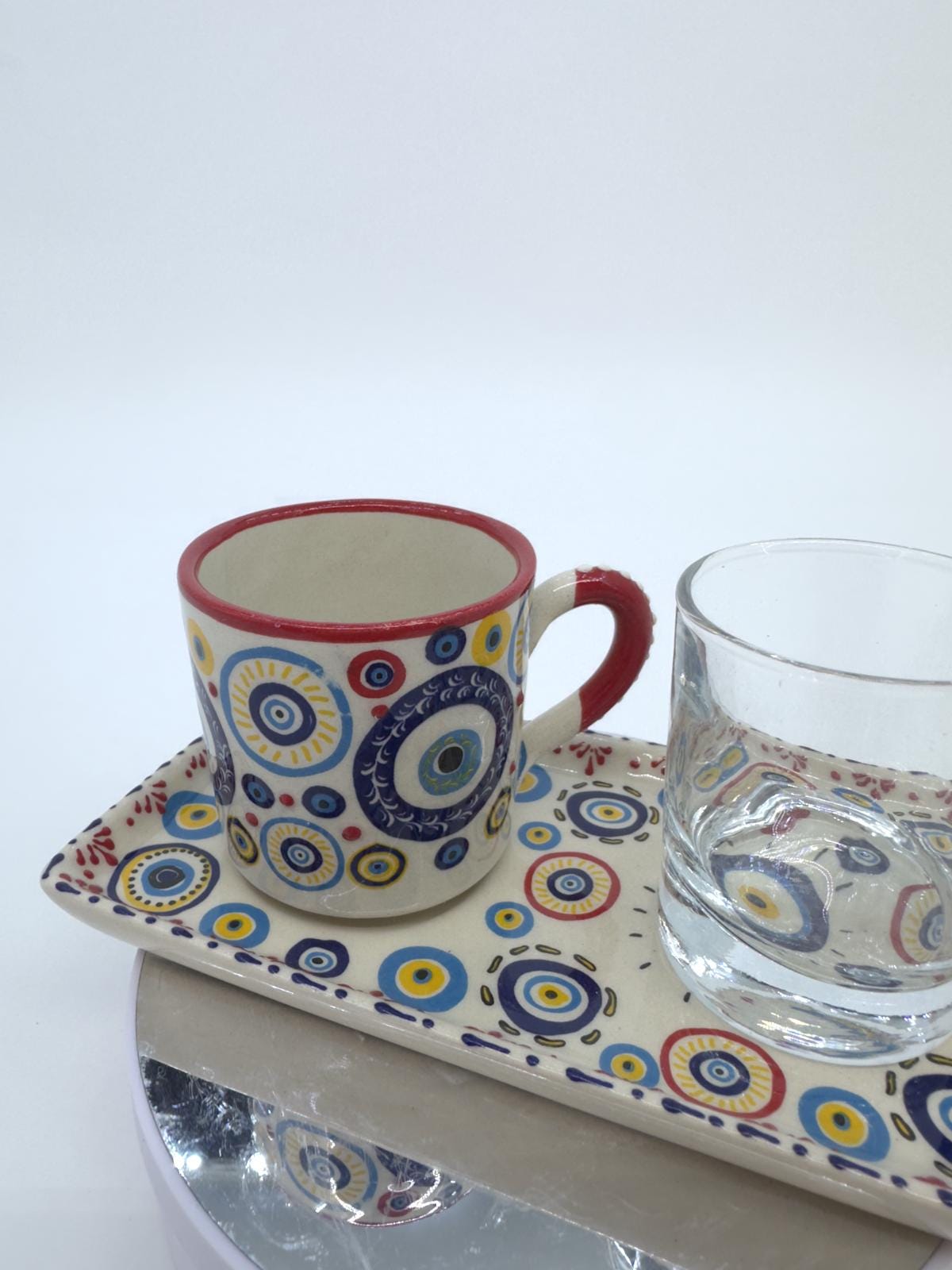 Evil Eye Turkish Coffee Set – Handmade Ceramic Coffee Cups with Saucers, Traditional Turkish Coffee Set with Glass Water Cup