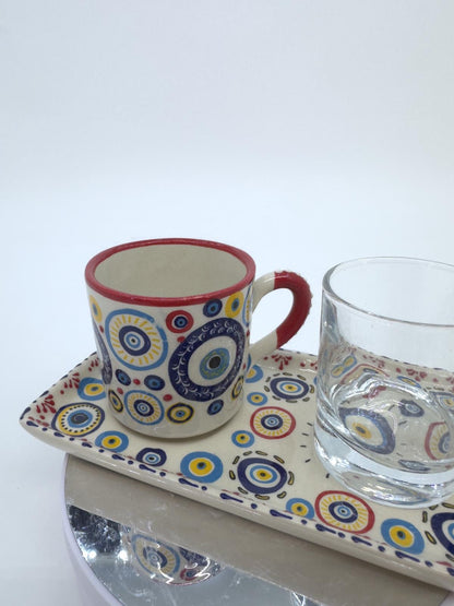 Evil Eye Turkish Coffee Set – Handmade Ceramic Coffee Cups with Saucers, Traditional Turkish Coffee Set with Glass Water Cup