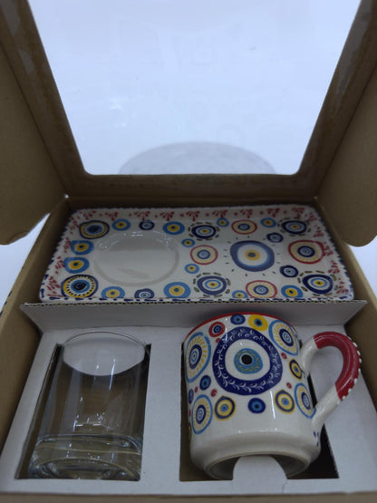 Evil Eye Turkish Coffee Set – Handmade Ceramic Coffee Cups with Saucers, Traditional Turkish Coffee Set with Glass Water Cup