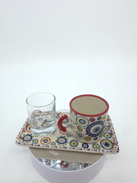 Evil Eye Turkish Coffee Set – Handmade Ceramic Coffee Cups with Saucers, Traditional Turkish Coffee Set with Glass Water Cup
