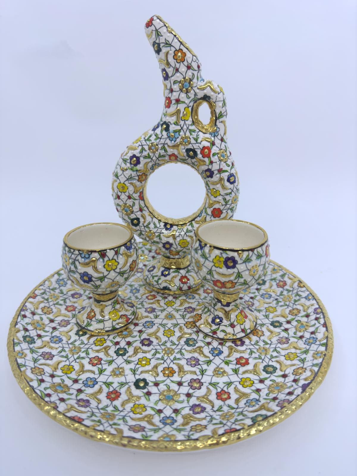 turkish ceramic set,hitit pitcher,floral tray,gold goblets,handmade decor,ottoman art,boho home gift,turkish pottery set