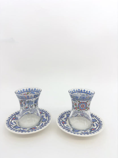 Handmade Turkish Ceramic Tea Set for Two – Traditional Glass Teacups with Saucers, Ideal Housewarming Gift