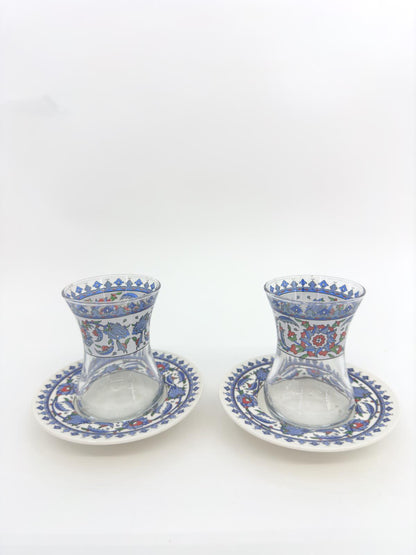 Handmade Turkish Ceramic Tea Set for Two – Traditional Glass Teacups with Saucers, Ideal Housewarming Gift