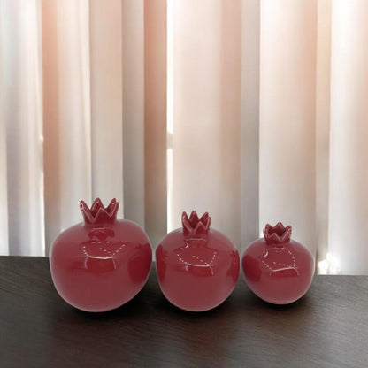 Handmade Red Ceramic Pomegranate Set – Set of 3 Decorative Turkish Pottery Vases, Unique Table Centerpiece