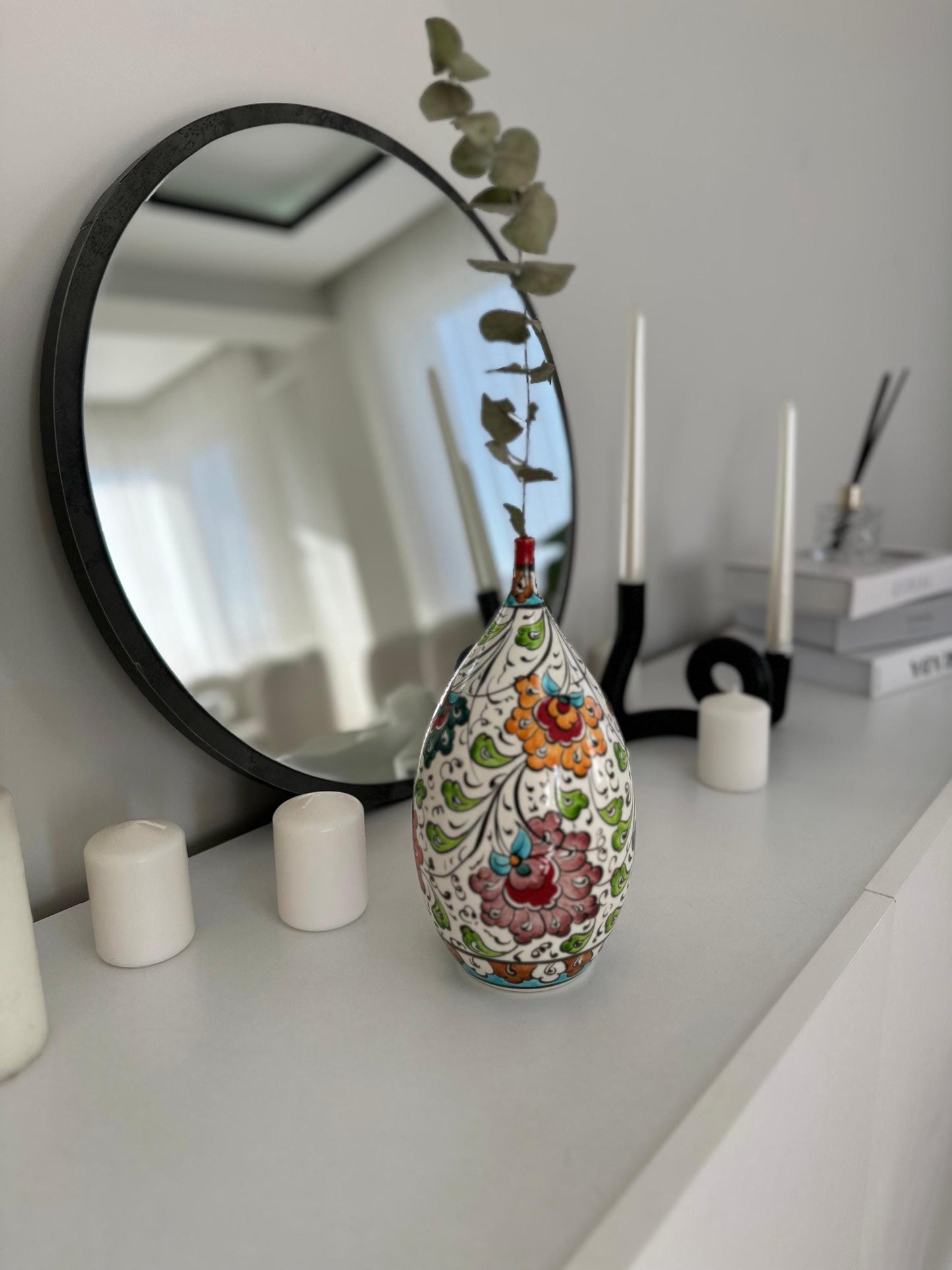 Handmade Turkish Ceramic Vase: Floral Teardrop Pottery, 25cm