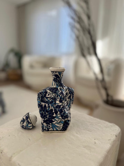 Handmade Ceramic Bottle – Blue Floral Design, Turkish Pottery, Unique Decorative Gift, Traditional Art for Home or Collection