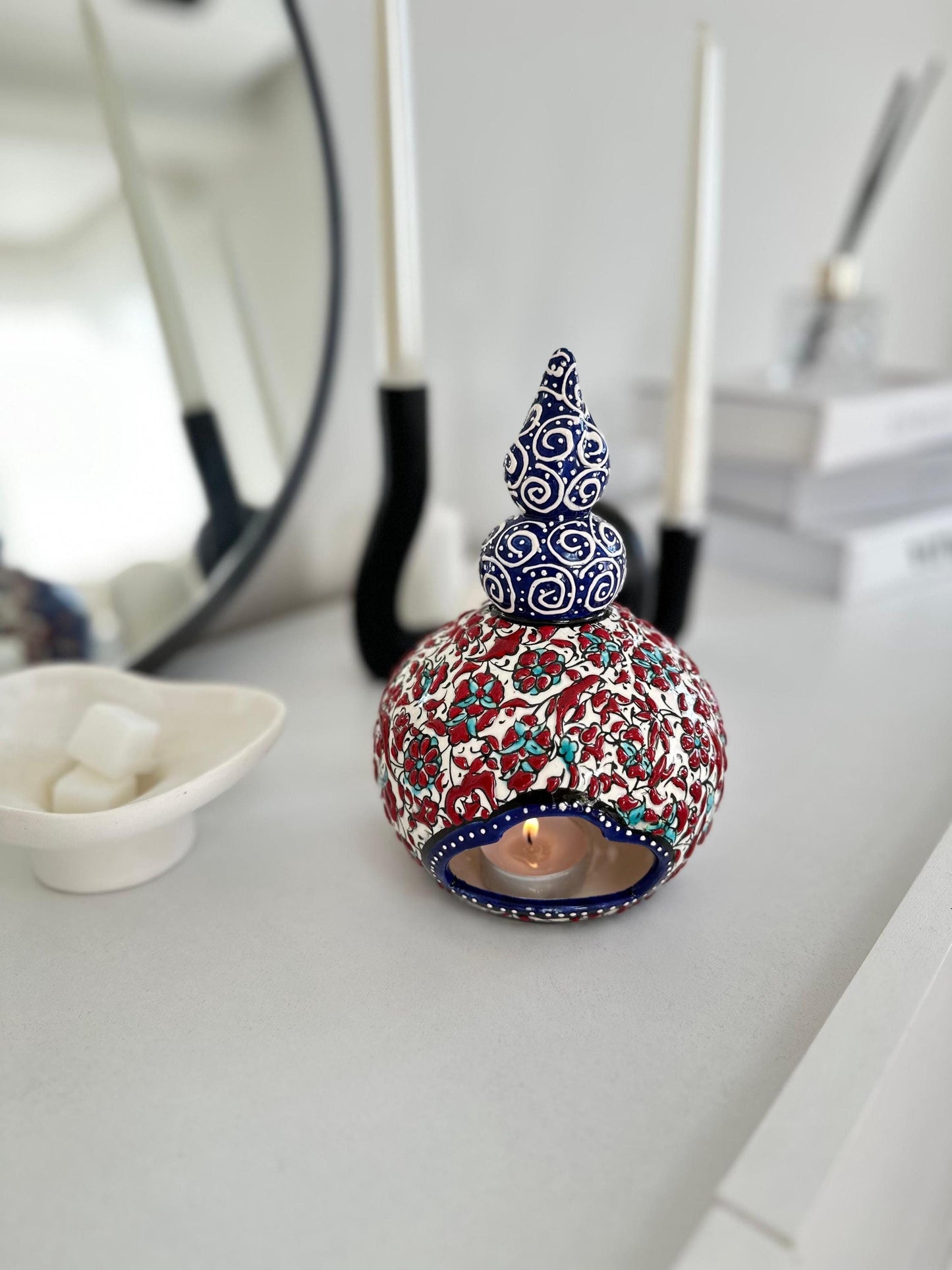 Handmade Turkish Ceramic Candle Holder: Nicea Floral Tealight, Boho Decor