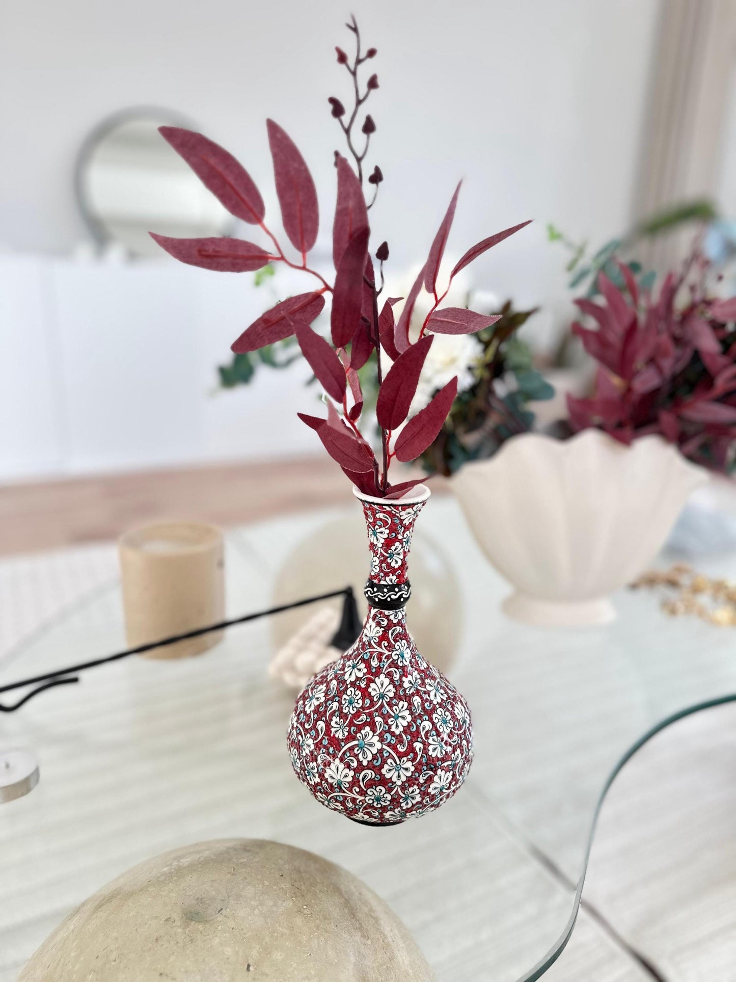 Handmade Turkish Teardrop Ceramic Vase - Red Floral Pattern Decorative Home Decor - Boho Style Unique Gift Idea