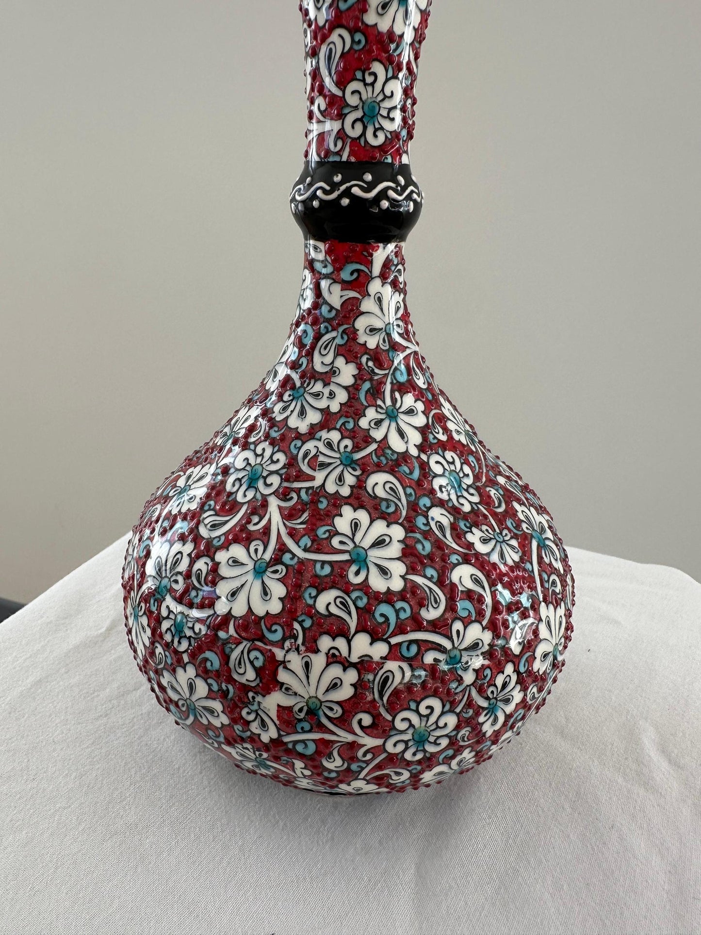Handmade Turkish Teardrop Ceramic Vase - Red Floral Pattern Decorative Home Decor - Boho Style Unique Gift Idea