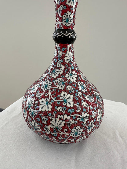 Handmade Turkish Teardrop Ceramic Vase - Red Floral Pattern Decorative Home Decor - Boho Style Unique Gift Idea