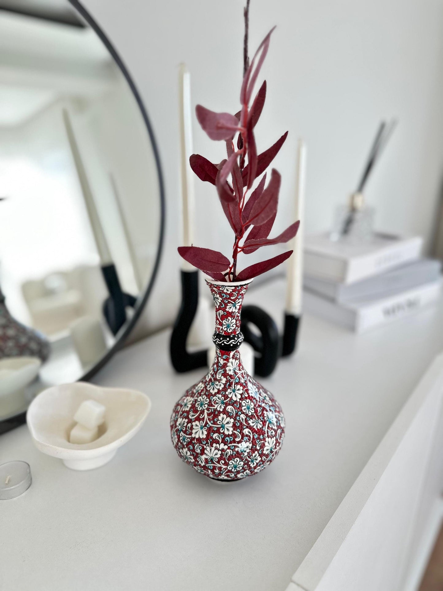 Handmade Turkish Teardrop Ceramic Vase - Red Floral Pattern Decorative Home Decor - Boho Style Unique Gift Idea