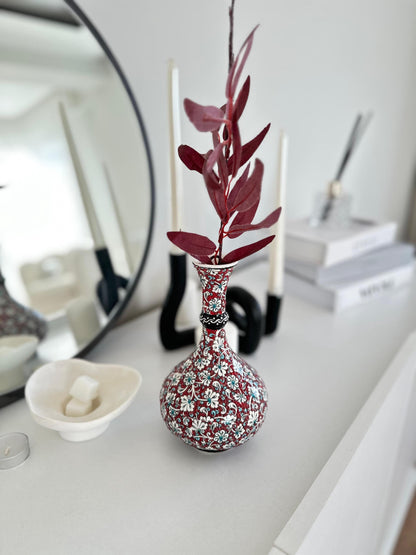 Handmade Turkish Teardrop Ceramic Vase - Red Floral Pattern Decorative Home Decor - Boho Style Unique Gift Idea