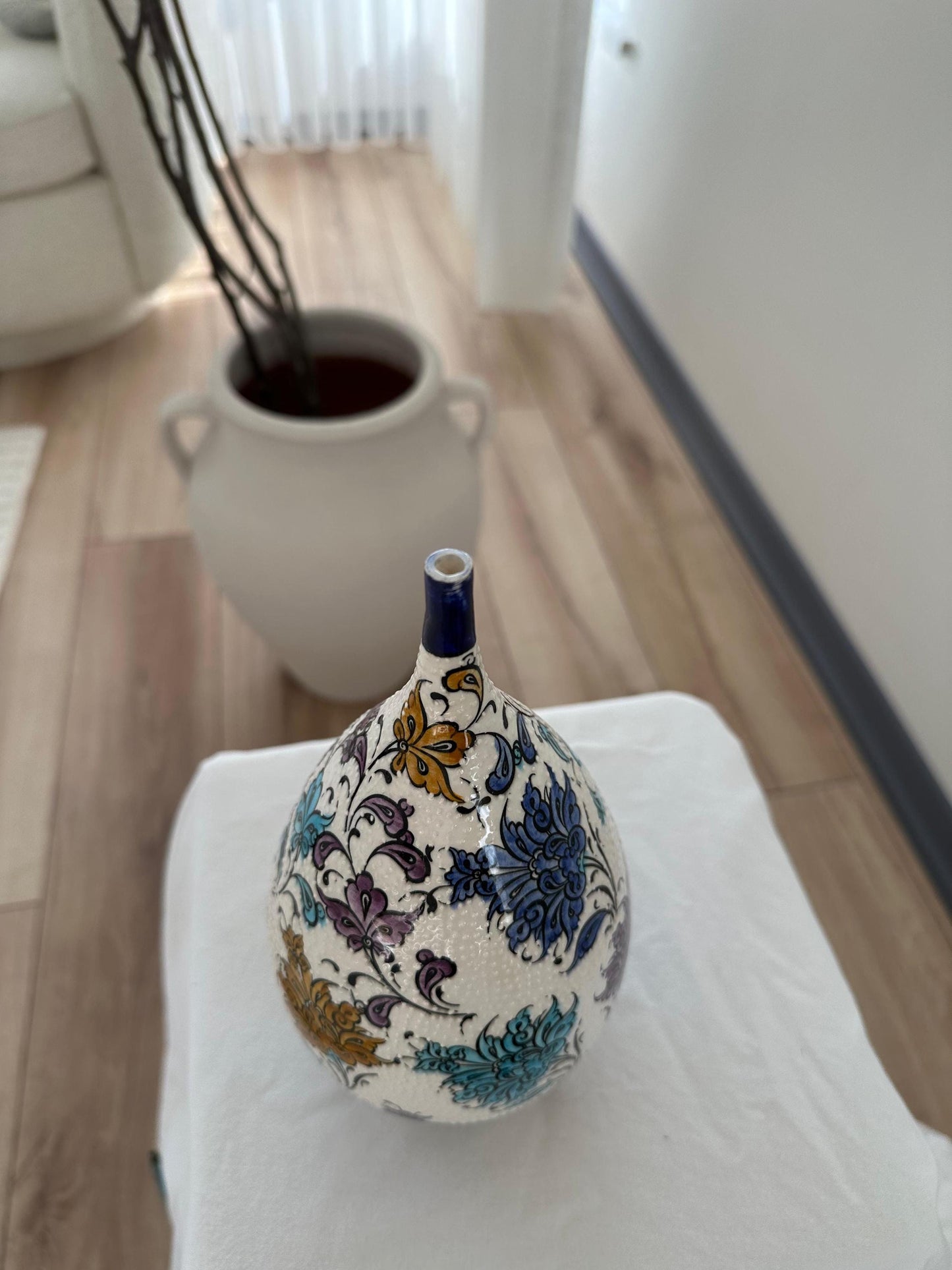 Handmade Turkish Ceramic Vase with Floral Patterns, Tear Drop Design, Hand-Painted Home Decor, Unique Gift, Bohemian Accent Piece