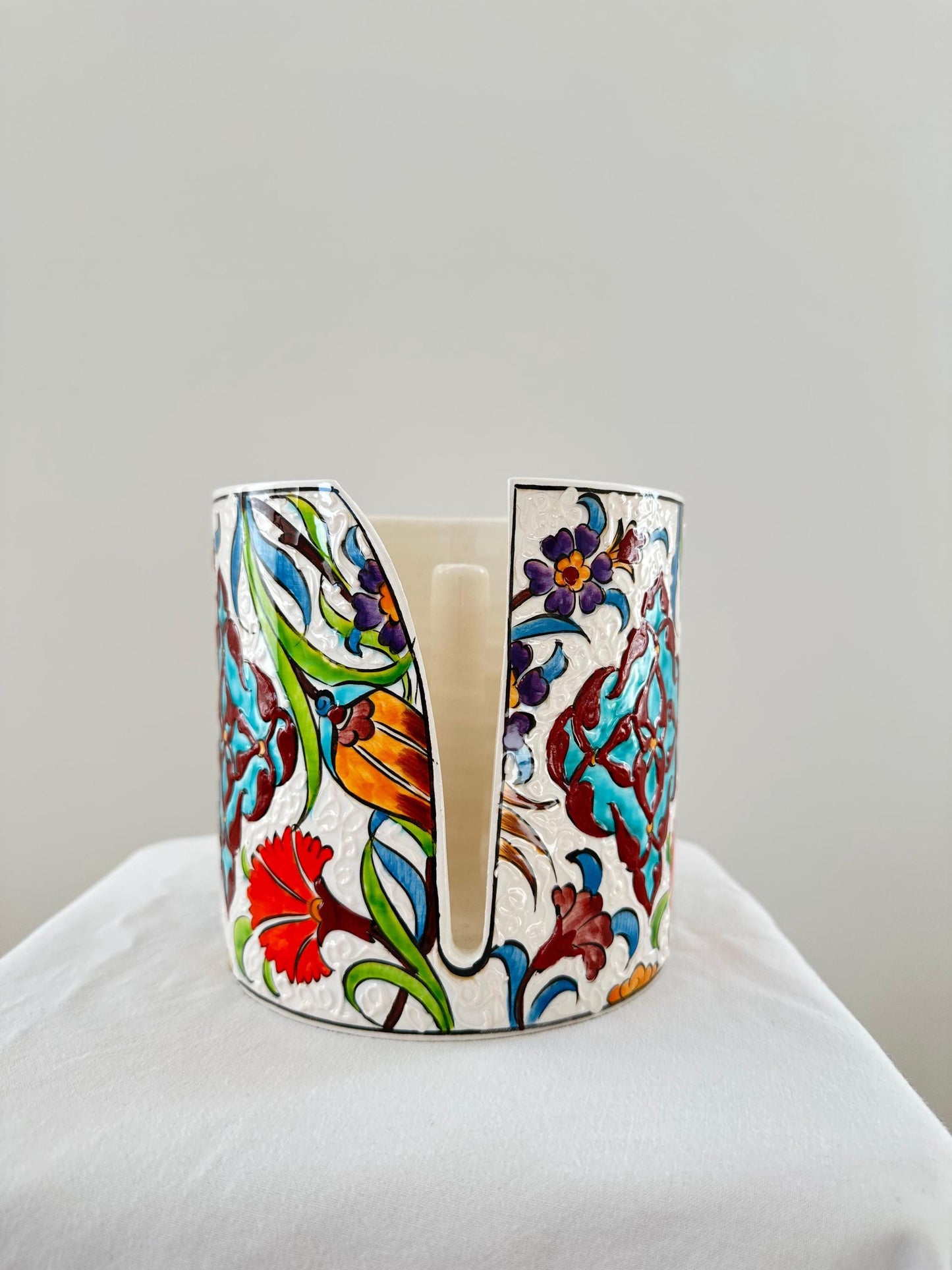 hand painted ceramic napkin holder, turkish napkin holder, ottoman decor, kitchen decor, floral ceramic, table centerpiece