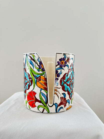 hand painted ceramic napkin holder, turkish napkin holder, ottoman decor, kitchen decor, floral ceramic, table centerpiece