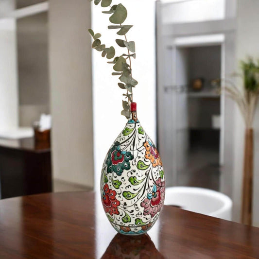 Handmade Turkish Ceramic Teardrop Vase – 25 cm Multicolor Decorative Pottery, Unique Floral Design, Authentic Home Decor & Gift Idea