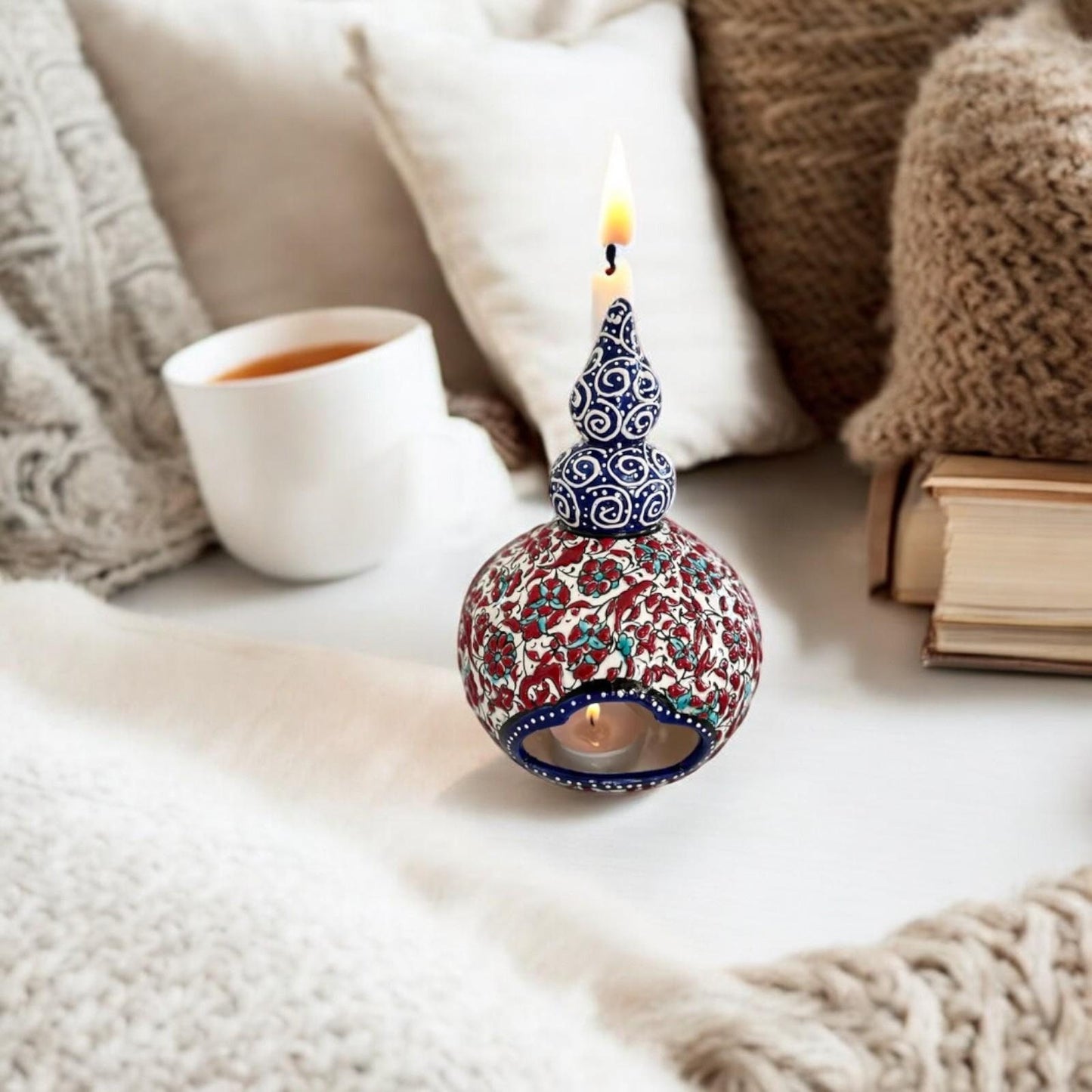 Handmade Turkish Ceramic Candle Holder: Nicea Floral Tealight, Boho Decor