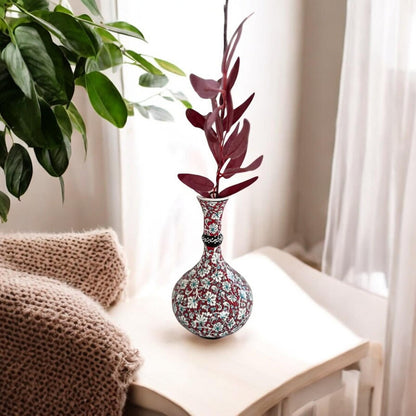 Handmade Turkish Teardrop Ceramic Vase - Red Floral Pattern Decorative Home Decor - Boho Style Unique Gift Idea
