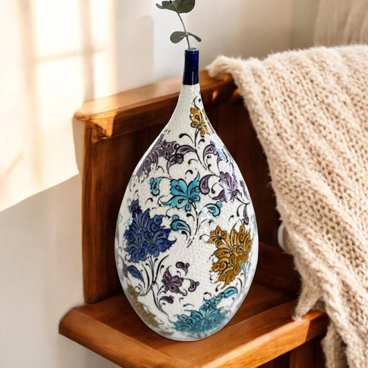 Handmade Turkish Ceramic Vase with Floral Patterns, Tear Drop Design, Hand-Painted Home Decor, Unique Gift, Bohemian Accent Piece