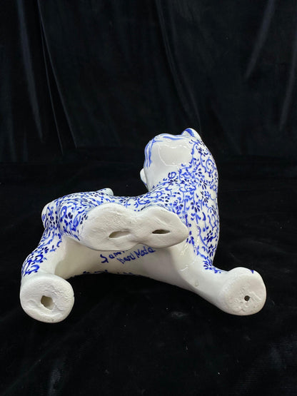 Hand-Painted Ceramic Cat Figurine with Turkish Blue Floral Design – Unique Valentine's Day Gift for Cat Lovers, Home Decor Ornament