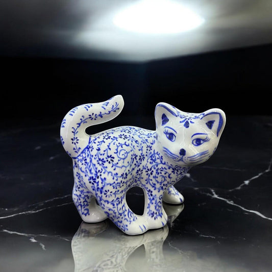 Hand-Painted Ceramic Cat Figurine with Turkish Blue Floral Design – Unique Valentine's Day Gift for Cat Lovers, Home Decor Ornament