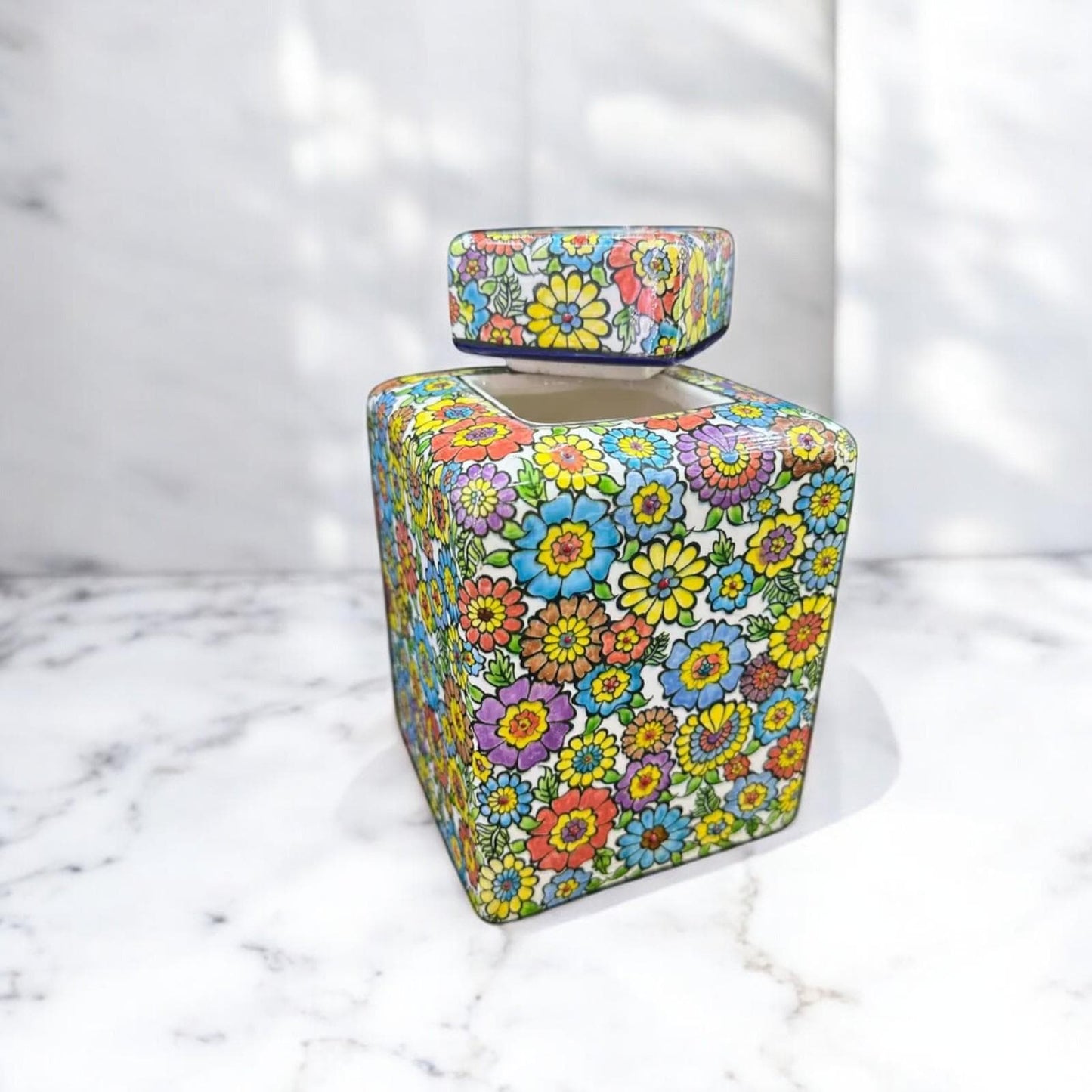 Handmade Turkish Ceramic Jar with Lid - Colorful Floral Pottery
