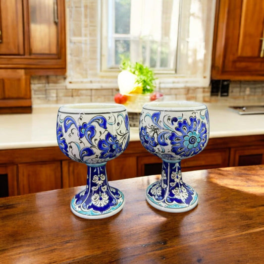 Handmade Ceramic Goblet Set of 2 - Traditional Turkish Design - Decorative Blue and White Chalices - Unique Gift for Wine Lovers