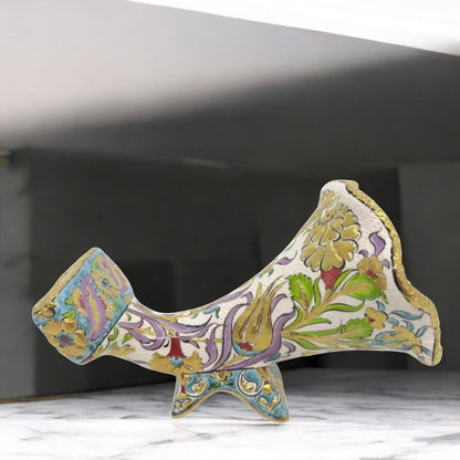 Handcrafted Ceramic Gramophone-Style Phone Amplifier, Turkish Floral Design with Gold Accents – Unique Home Decor & Gift Idea