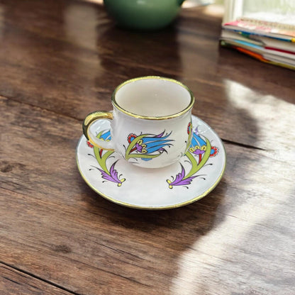 Hand-Painted Turkish Coffee Cup Set, Gold Trim, Floral Design, Ceramic, Gift for Coffee Lovers