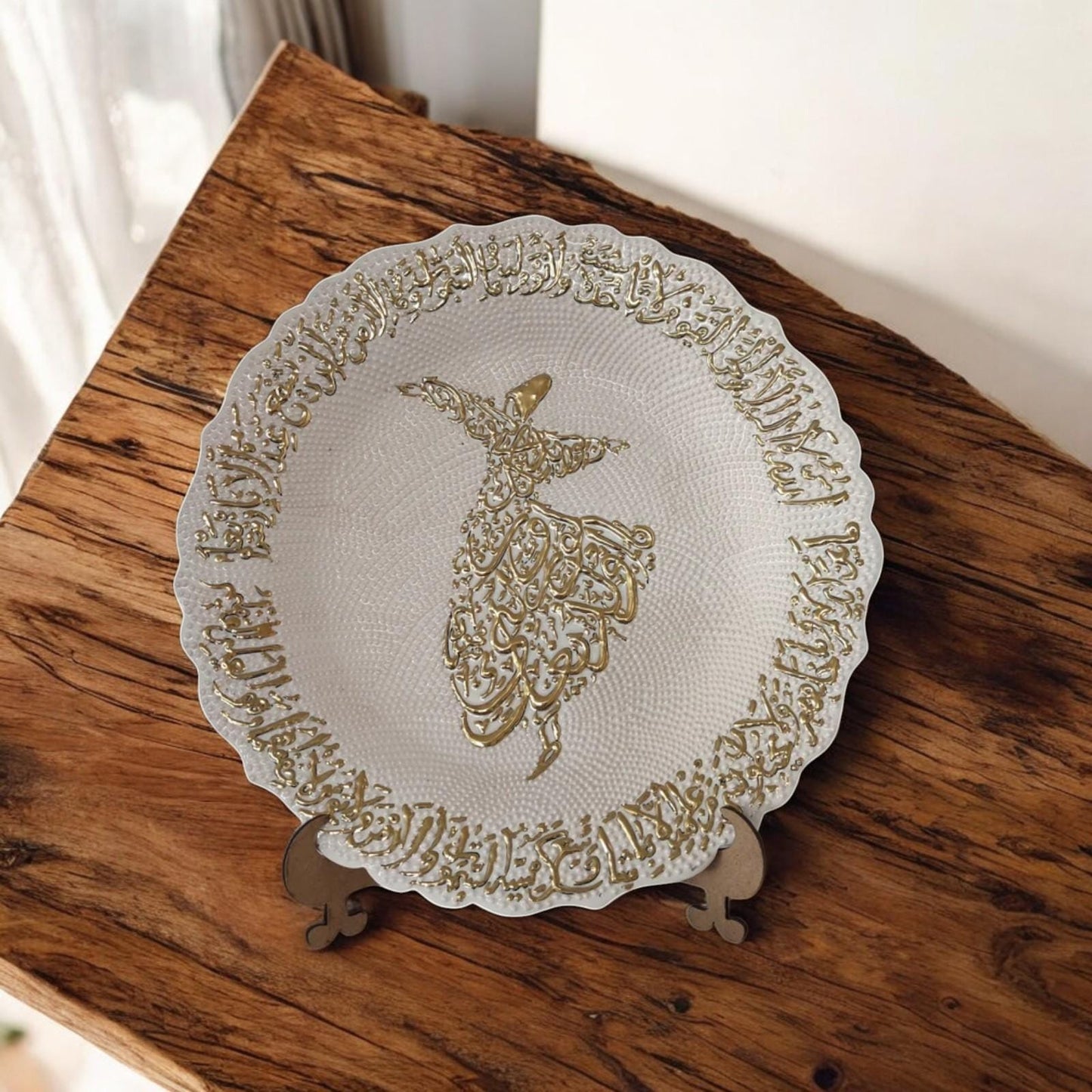 Handmade Turkish Decorative Plate with Gold Inlay – 25 cm Sufi Darvish Design, Traditional Ceramic Wall Art, Unique Collectible Plate