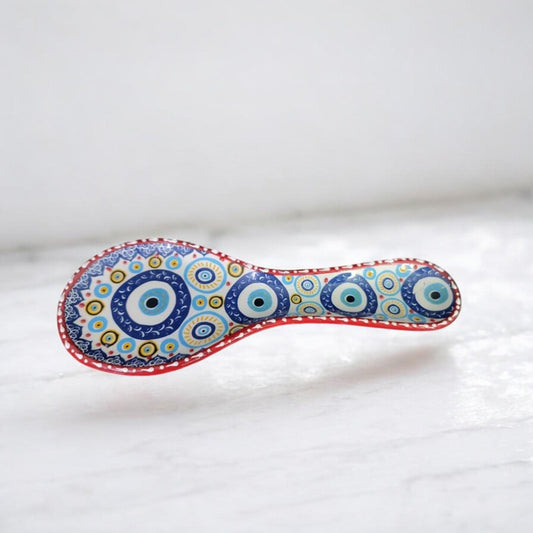 Handmade Evil Eye Ceramic Spoon Rest | Turkish Blue Nazar Spoon Holder | Kitchen Gift | Mediterranean Counter Decor
